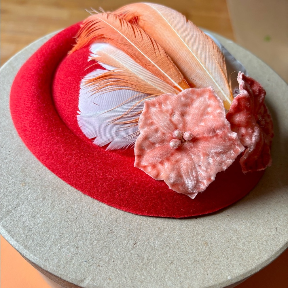Bright Orange Red Feathered Hat Hair clip Kentucky Derby Party Easter Church